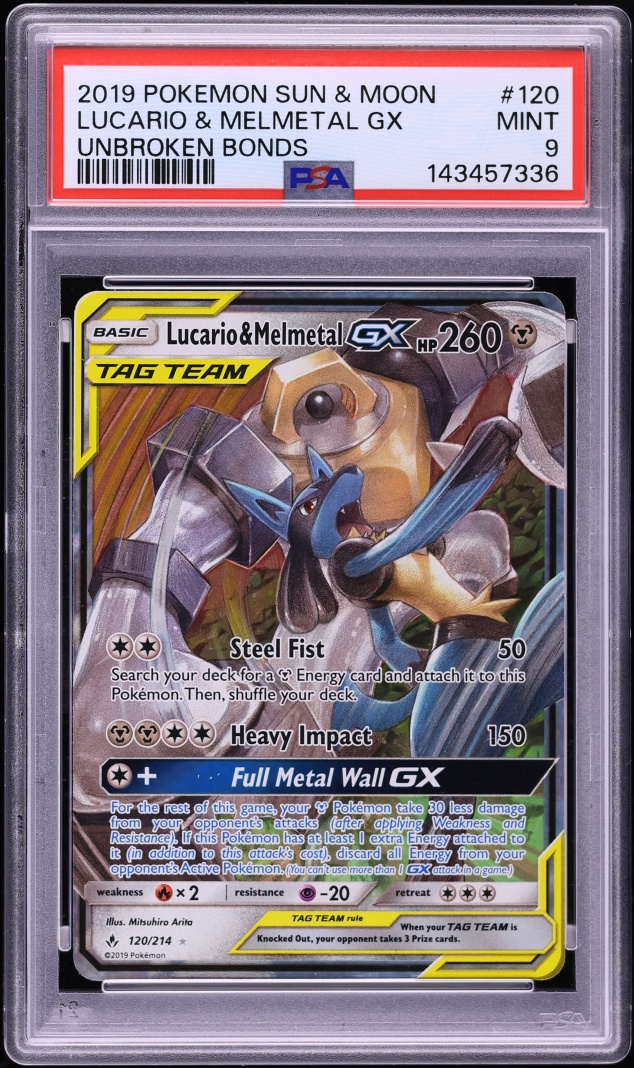 2019 Pokemon Sun & Moon Unbroken Bonds Holo Lucario & Melmetal GX #120 PSA 9 MINT