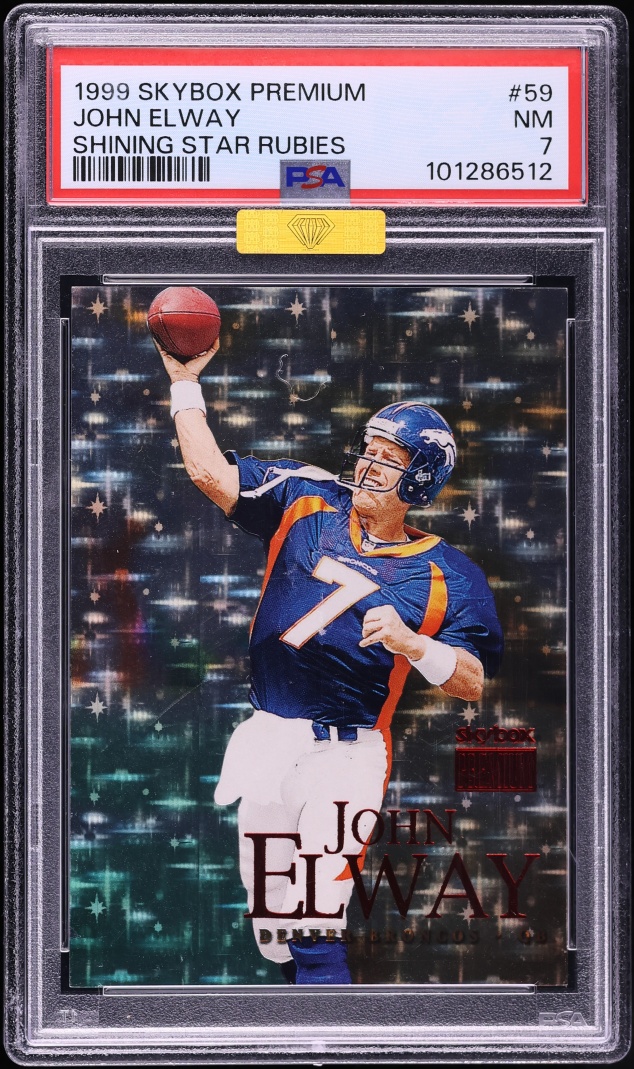 1999 Skybox Premium Shining Star Rubies John Elway JERSEY # 7/30 #59 MBA PSA 7 NRMT