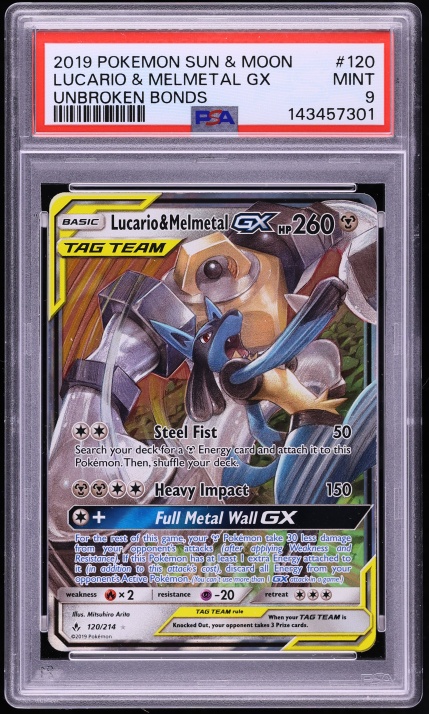 2019 Pokemon Sun & Moon Unbroken Bonds Lucario & Melmetal GX #120 PSA 9 MINT