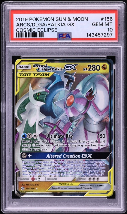 arceus and dialga and palkia gx pokemon card price & & Cosmic Eclipse Tag Team #156 PSA 9 Captured in a crystal Arceus, Dialga & Palkia GX