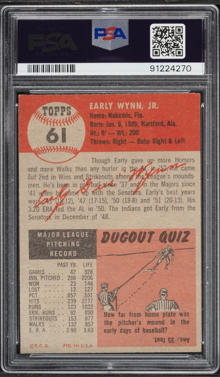 1953 Topps Early Wynn SHORT PRINT #61 PSA 6 EXMT