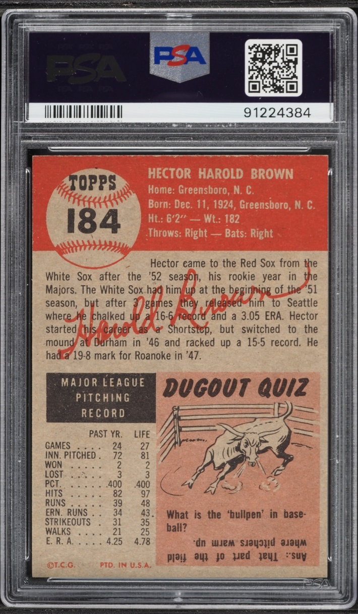 1953 Topps Hal Brown #184 PSA 9 MINT