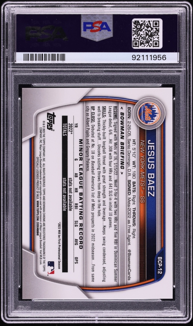 2023 Bowman Chrome Sapphire Orange Jesus Baez PROSPECT /50 #BCP-12 PSA 10 GEM MINT