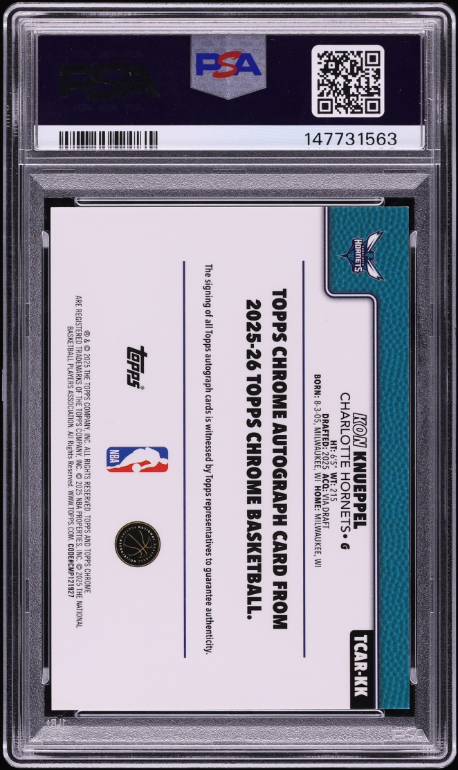 2025 Topps Chrome Black Geometric Kon Knueppel ROOKIE AUTO /10 #TCAR-KK PSA 8 NM-MT