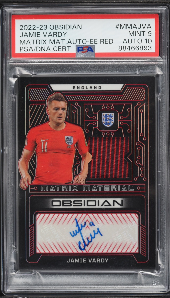 2022 Panini Obsidian Matrix Material Red Jamie Vardy PATCH AUTO DNA 10 /4 #MMA-JVA PSA 9 MINT