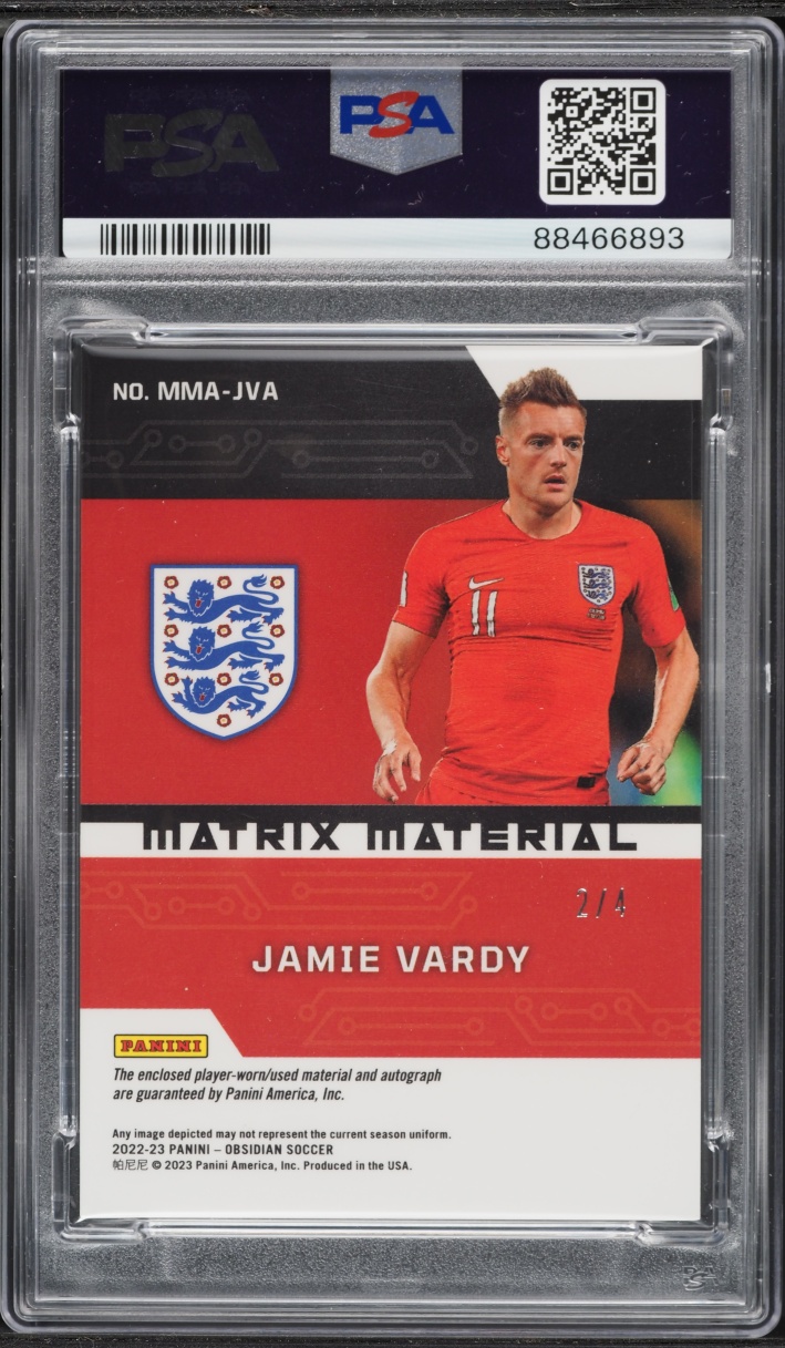 2022 Panini Obsidian Matrix Material Red Jamie Vardy PATCH AUTO DNA 10 /4 #MMA-JVA PSA 9 MINT