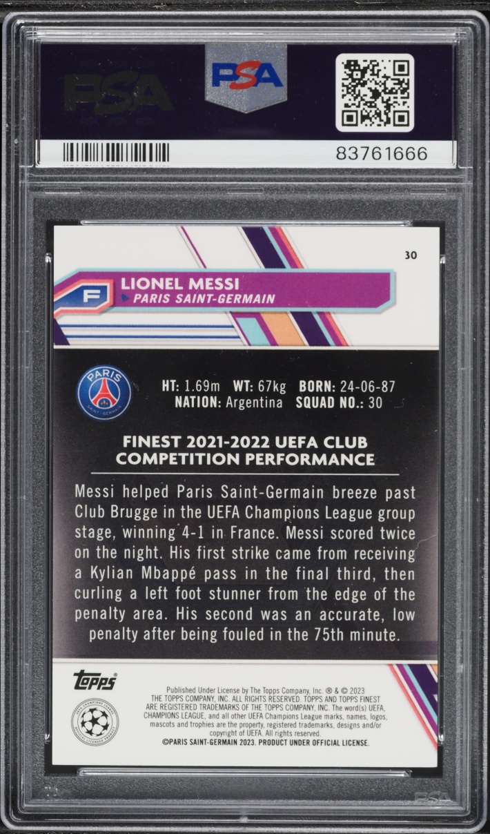 2022 Finest UEFA Club Competitions Sky Blue Refractor Lionel Messi /275 #30 PSA 9 MINT