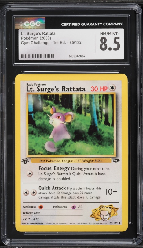2000 Pokemon Gym Challenge 1st Edition Lt. Surge's Rattata #85 CGC 8.5 NM-MT+