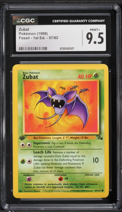 1995 zubat pokemon card Vintage 1999 90s Nintendo Pokemon Zubat 57/62 Fossil Trading Game Card Get Graded Mint 9 Rare