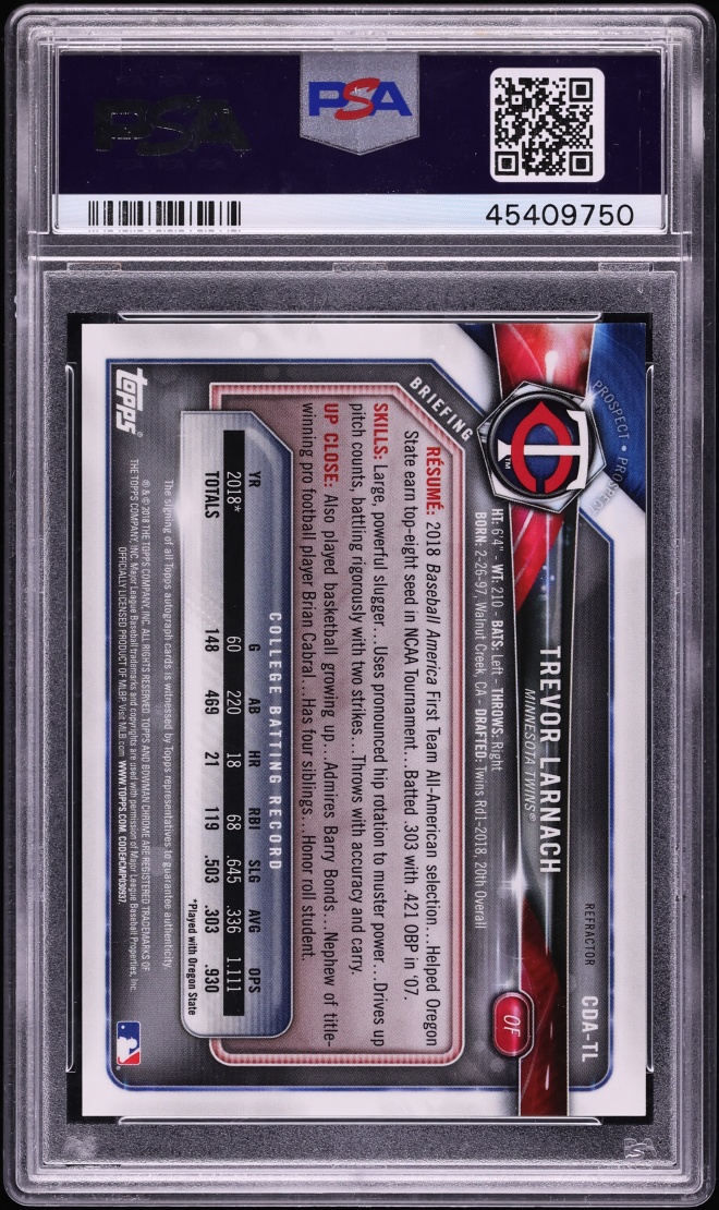 2018 Bowman Chrome Draft Picks Refractor Trevor Larnach PROSPECT AUTO /499 PSA 10 GEM MINT