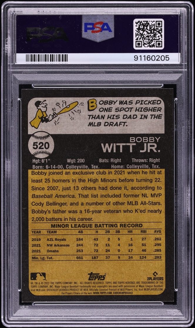 2022 Topps Heritage Bobby Witt Jr ROOKIE #520 PSA 9 MINT