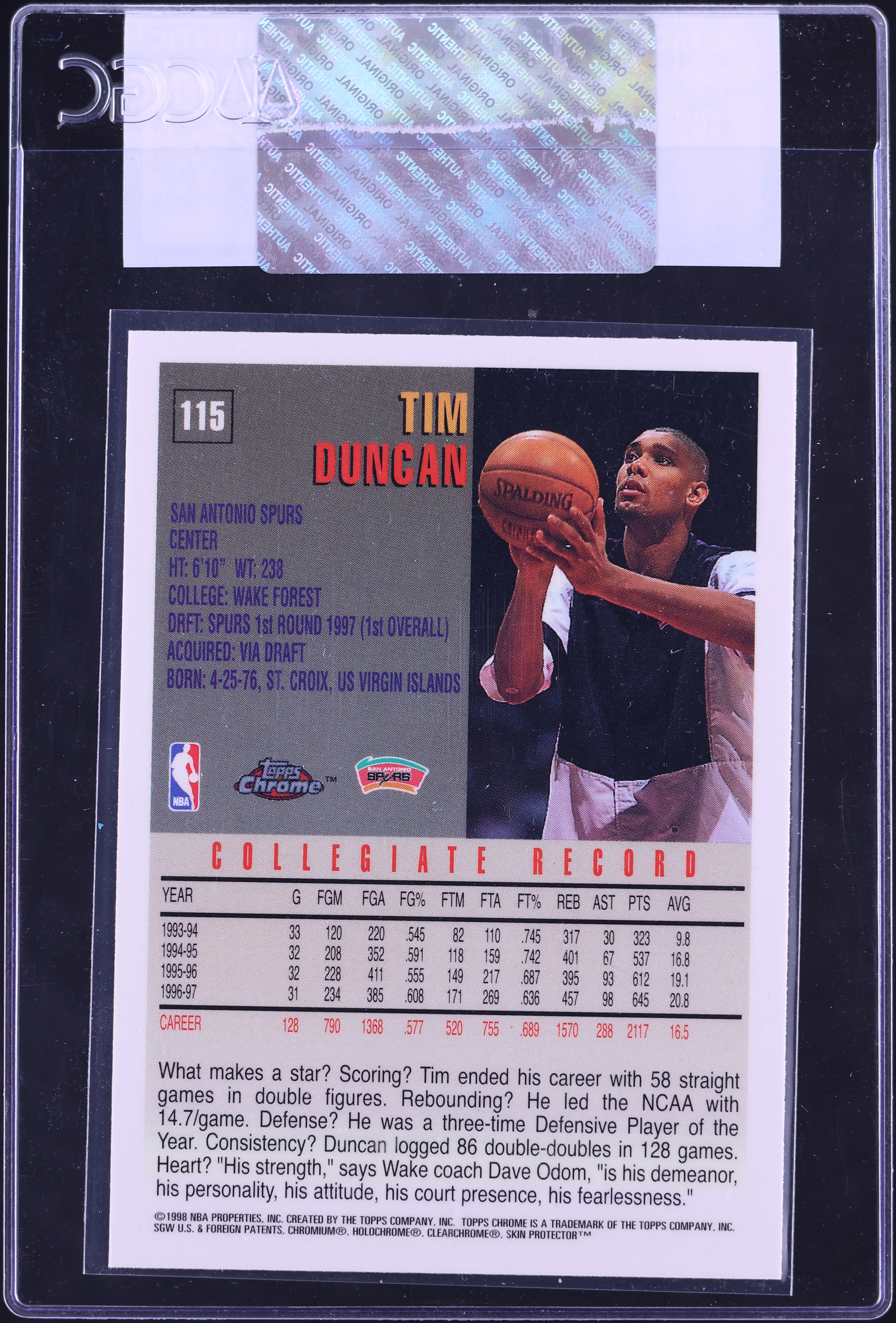 1997 Topps Chrome Tim Duncan ROOKIE #115 CGC AUTH on Fanatics Collect