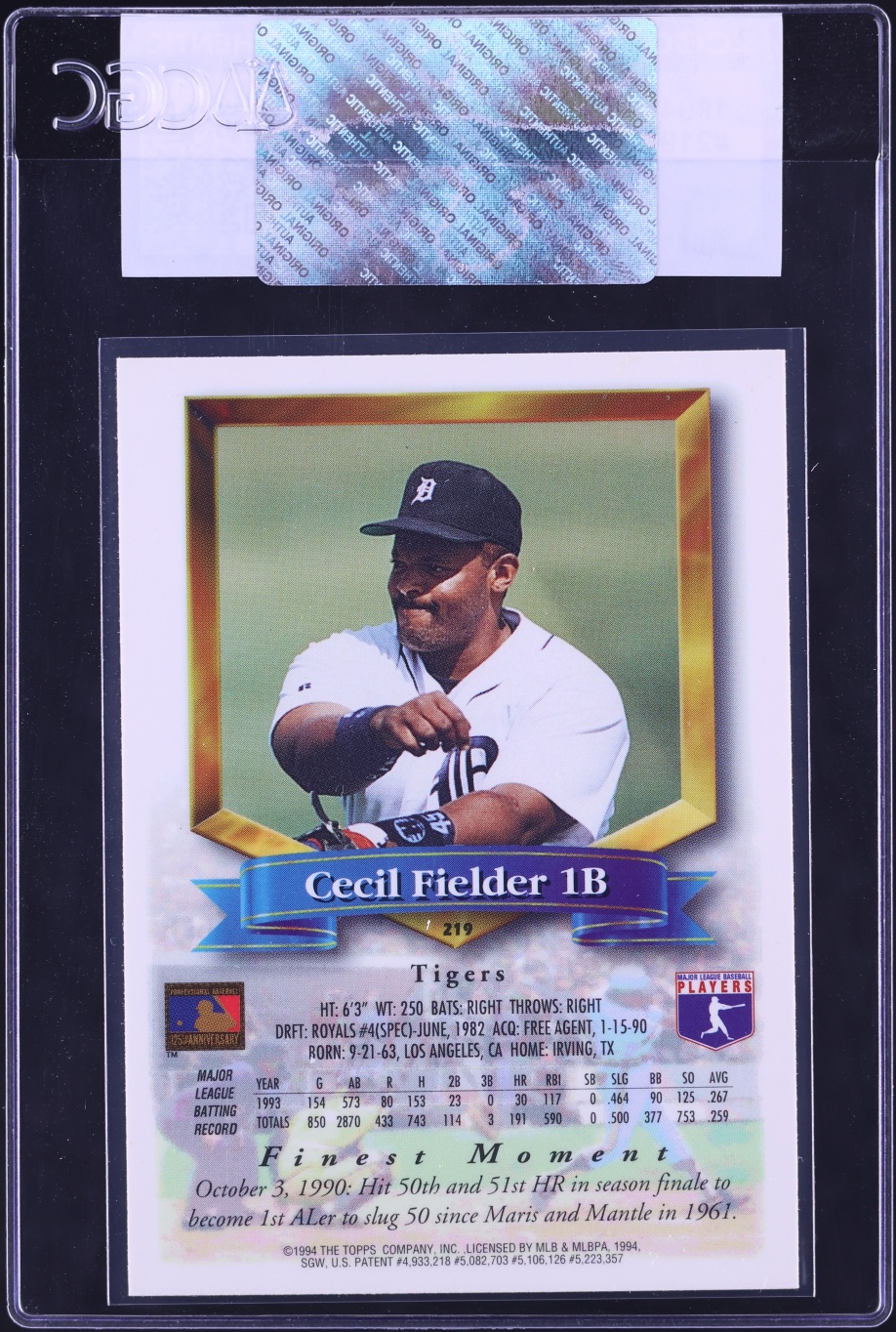 1994 Finest Cecil Fielder #219 CGC AUTH