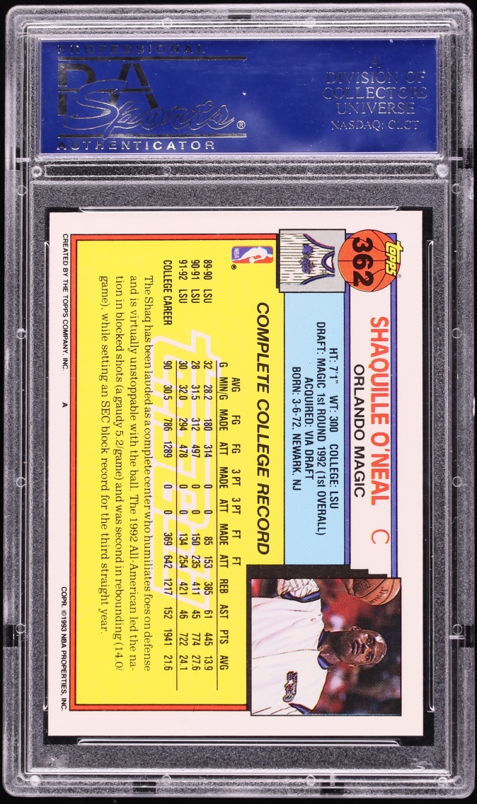 1992 Topps Gold Shaquille O'Neal ROOKIE #362 PSA 10 GEM MINT