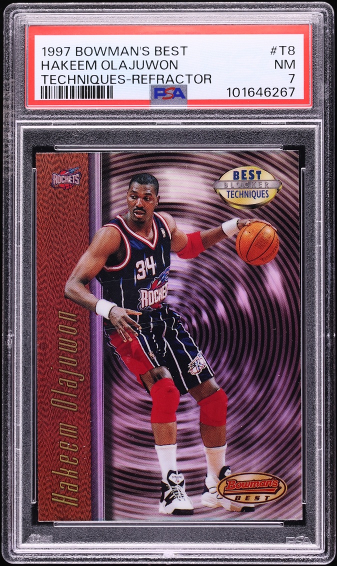 1997 Bowman's Best Techniques Refractor Hakeem Olajuwon #T8 PSA 7 NRMT