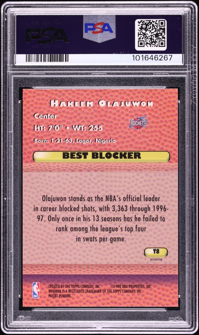 1997 Bowman's Best Techniques Refractor Hakeem Olajuwon #T8 PSA 7 NRMT