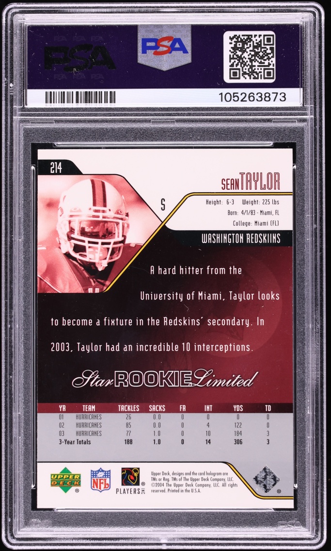 2004 Upper Deck Sean Taylor ROOKIE #214 PSA 9 MINT