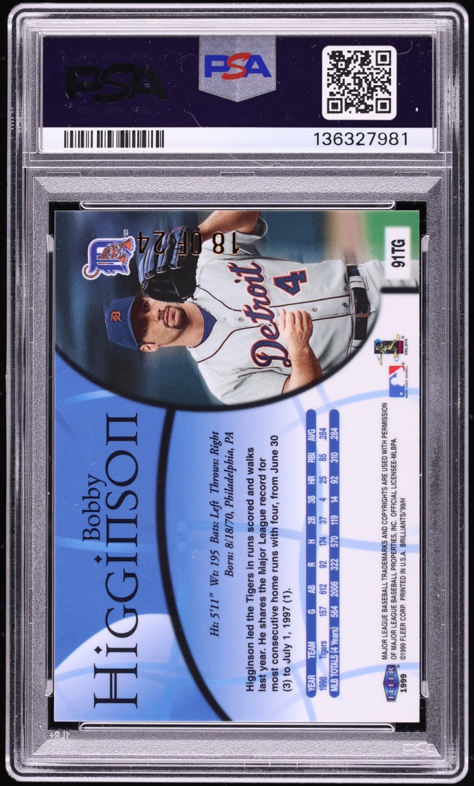 1999 Fleer Brilliants 24KT Gold Bobby Higginson /24 #91TG PSA 8 NM-MT