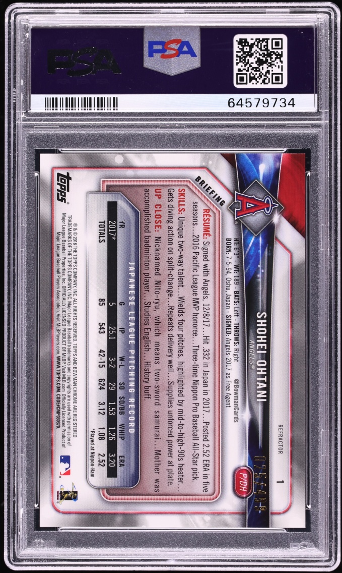 2018 Bowman Chrome Refractor Shohei Ohtani ROOKIE /499 #1 PSA 9 MINT