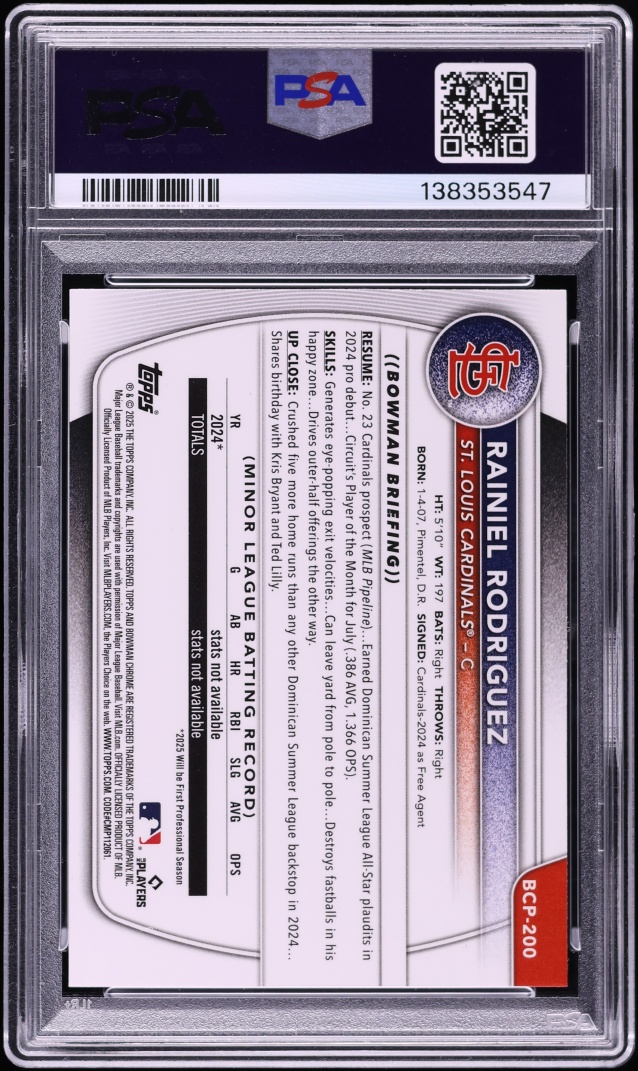 2025 Bowman Chrome Pulsar Refractor Rainiel Rodriguez PROSPECT /399 #BCP-200 PSA 9 MINT