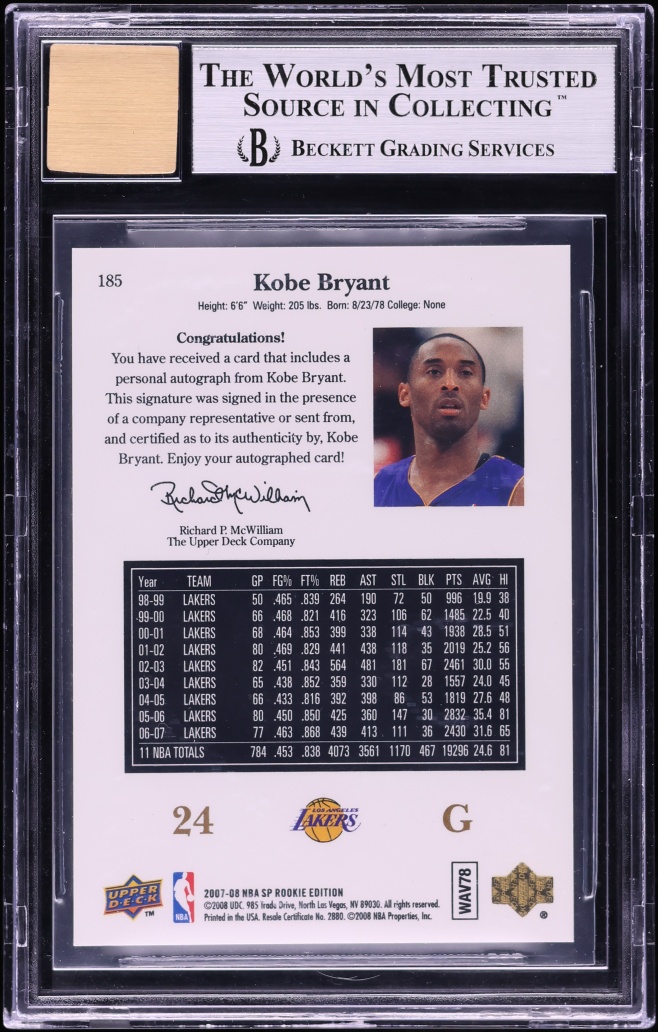 2007 SP Rookie Edition '98-'99 Kobe Bryant AUTO #185 BGS 9 MINT