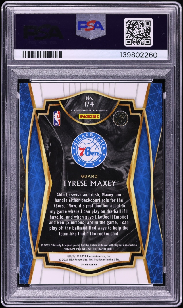 2020 Select Premier Level Zebra Prizm Tyrese Maxey ROOKIE #174 PSA 10 GEM MINT