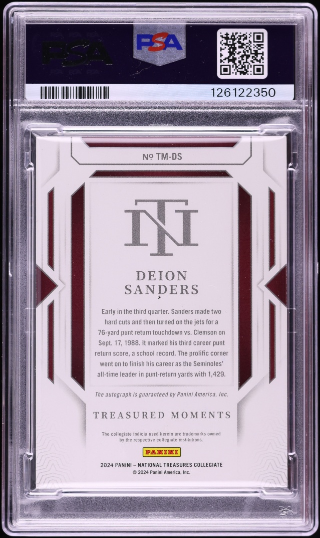 2024 National Treasures Collegiate Treasured Moments Gold Deion Sanders AUTO /10 #TM-DS PSA 8