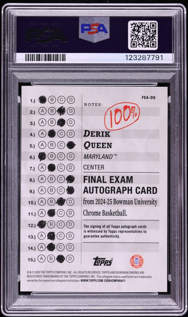 2024 Bowman Chrome University Final Exam Derik Queen AUTO #FEADQ PSA 10 GEM MINT
