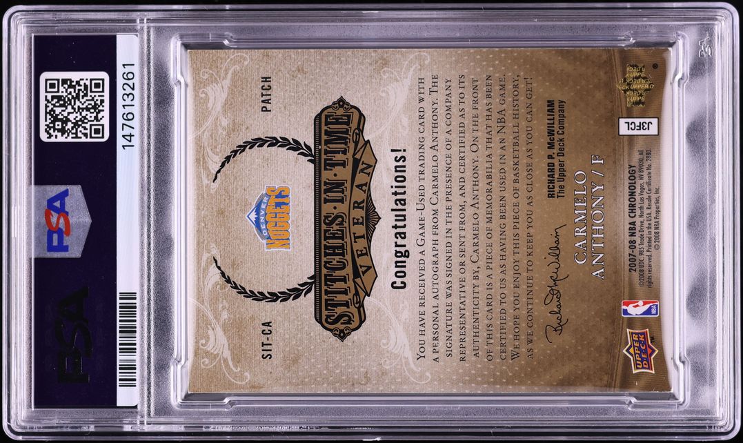 2007 Upper Deck Chronology Stitches In Time Carmelo Anthony PATCH AUTO 1/25 #CA PSA 7 NRMT