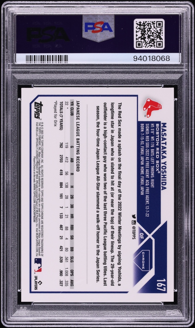 2023 Topps Chrome Logofractor Edition Yellow Refractor Masataka Yoshida RC /75 #167 PSA 10 GEM