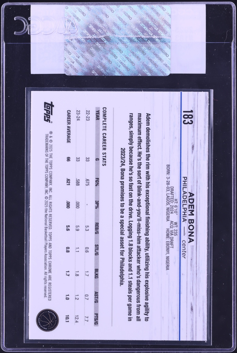 2025 Topps Chrome Negative Refractor Adem Bona ROOKIE #183 CGC AUTH