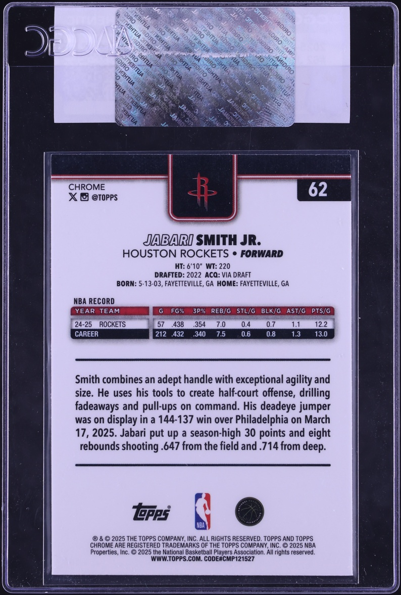 2025 Topps Chrome Sapphire Jabari Smith Jr. #62 CGC AUTH