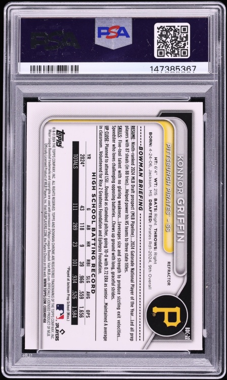 2024 Bowman Chrome Draft Refractor Konnor Griffin PROSPECT #BDC-22 PSA 10 GEM MINT