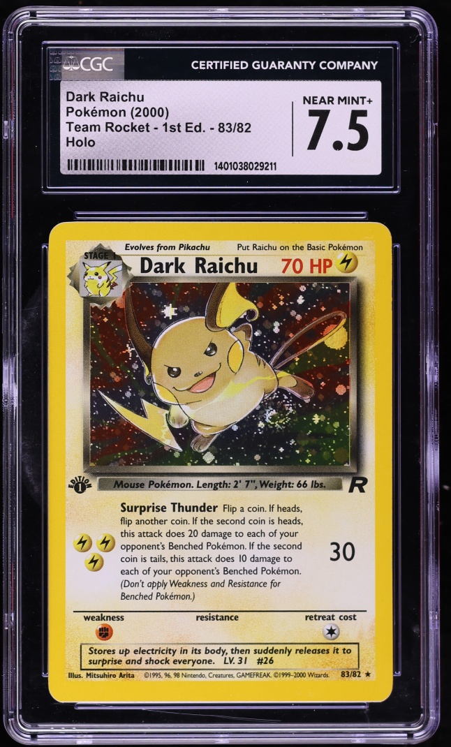 2000 Pokemon Team Rocket 1st Edition Holo Dark Raichu #83 CGC 7.5 NRMT+