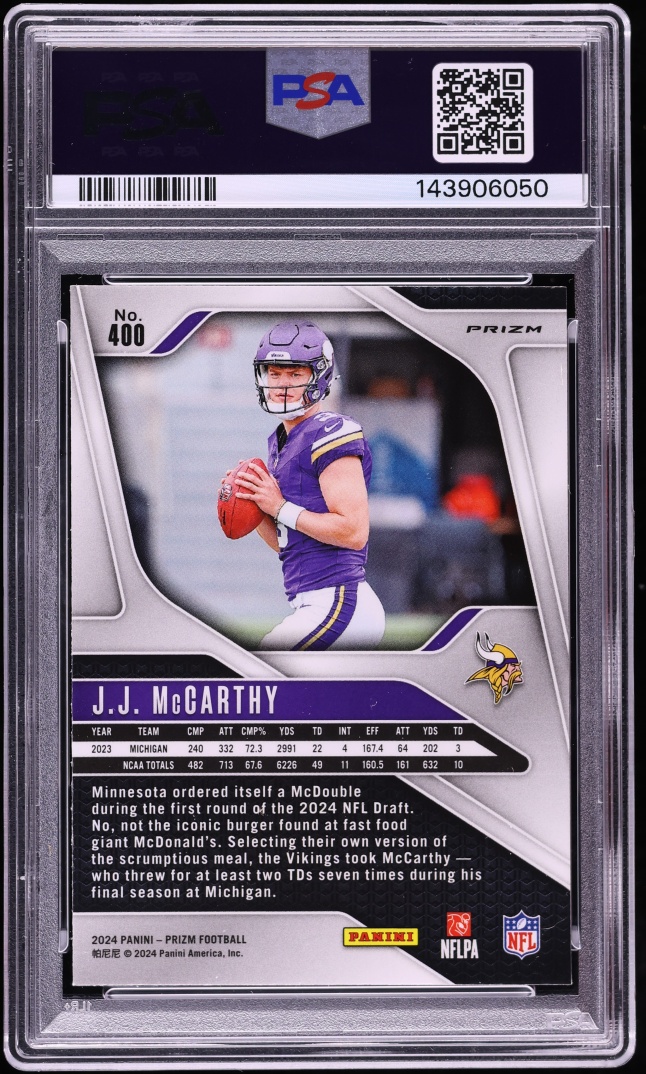 2024 Panini Prizm Red White Blue J.J. McCarthy ROOKIE #400 PSA 10 GEM MINT