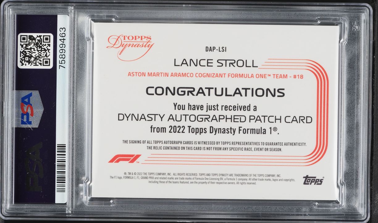 2022 Topps Dynasty Formula 1 F1 Red Lance Stroll PATCH AUTO 5/5 #DAPLSI PSA 9 MINT