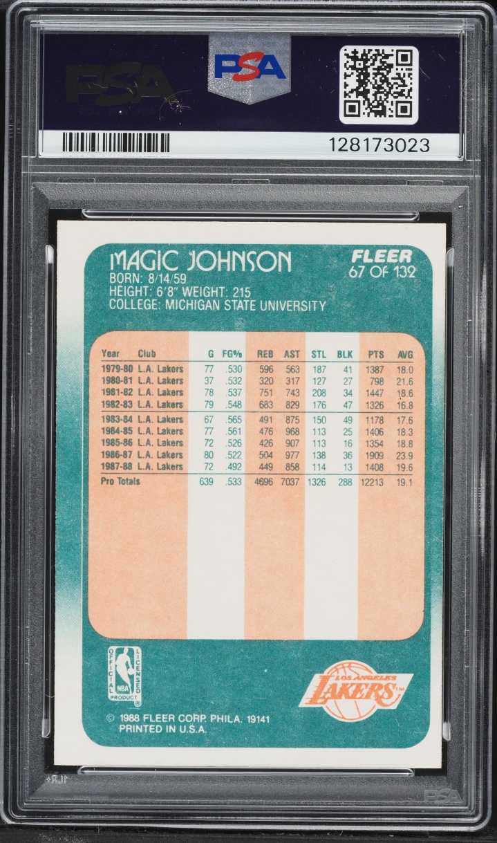 1988 Fleer Basketball Magic Johnson #67 PSA 8 NM-MT