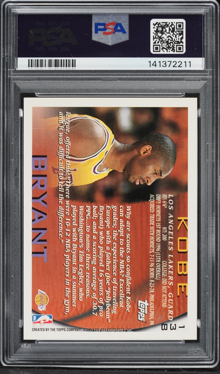 1996 Topps Basketball Kobe Bryant ROOKIE #138 PSA 9 MINT