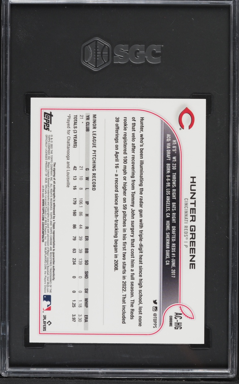2022 Topps Chrome Update Hunter Greene ROOKIE AUTO #AC-HG SGC 10 GEM MINT