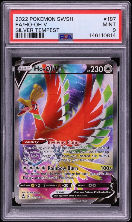 2022 Pokemon Sword & Shield Silver Tempest Full Art Ho-Oh V #187 PSA 9 MINT