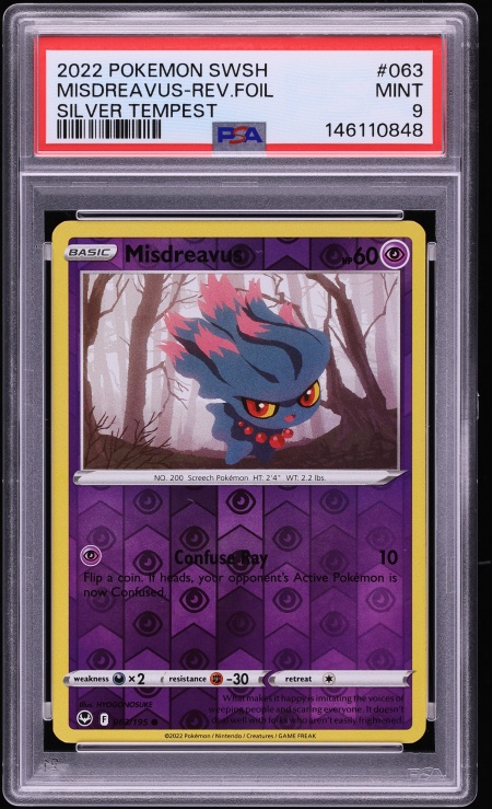 2022 Pokemon Sword & Shield Silver Tempest Reverse Holo Misdreavus #63 PSA 9 MINT