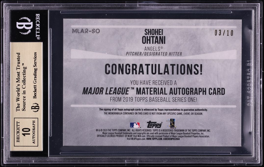 2019 Topps Major League Shohei Ohtani PATCH AUTO /10 #MLAR-SO BGS 9.5 GEM MINT