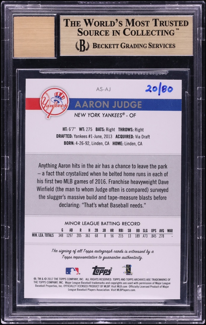 2017 Topps Archives Snapshots Aaron Judge ROOKIE AUTO /80 #AS-AJ BGS 9.5 GEM MINT