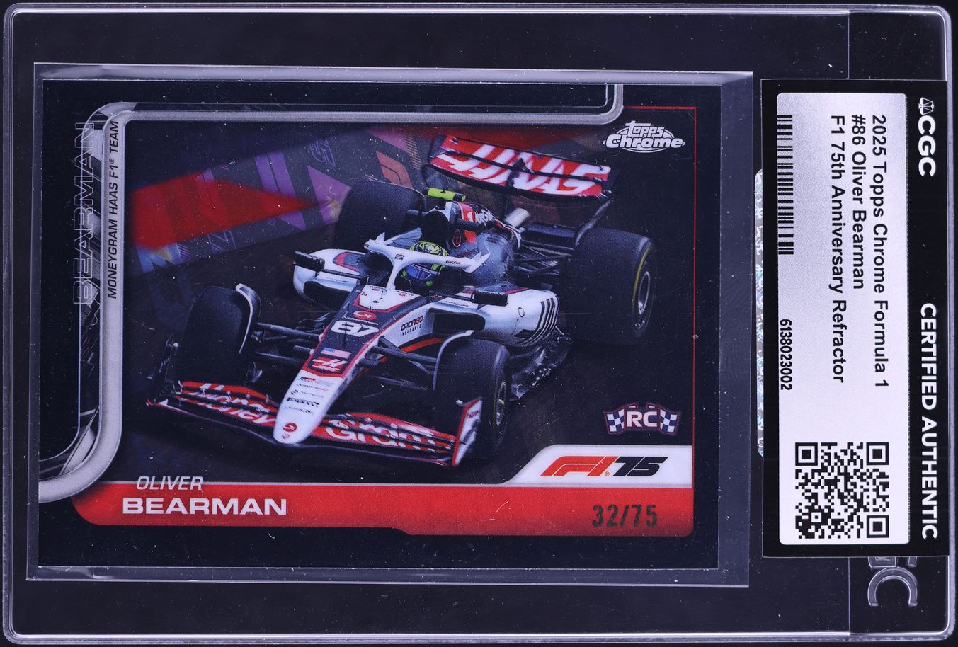 2025 Topps Chrome Formula 1 75th Anniversary Refractor Oliver Bearman ROOKIE /75 #86 CGC AUTH