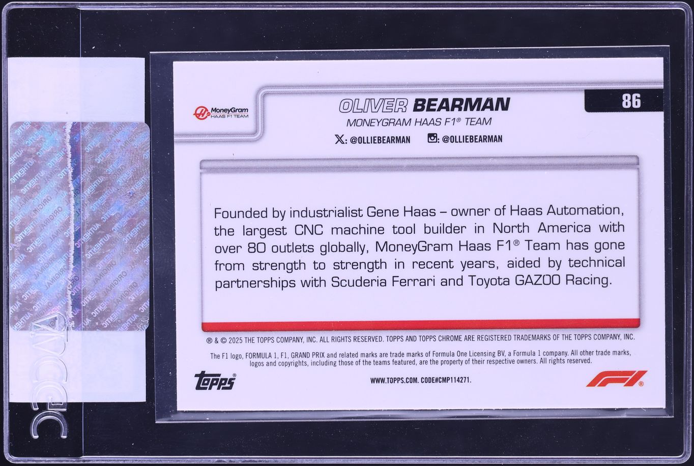 2025 Topps Chrome Formula 1 75th Anniversary Refractor Oliver Bearman ROOKIE /75 #86 CGC AUTH