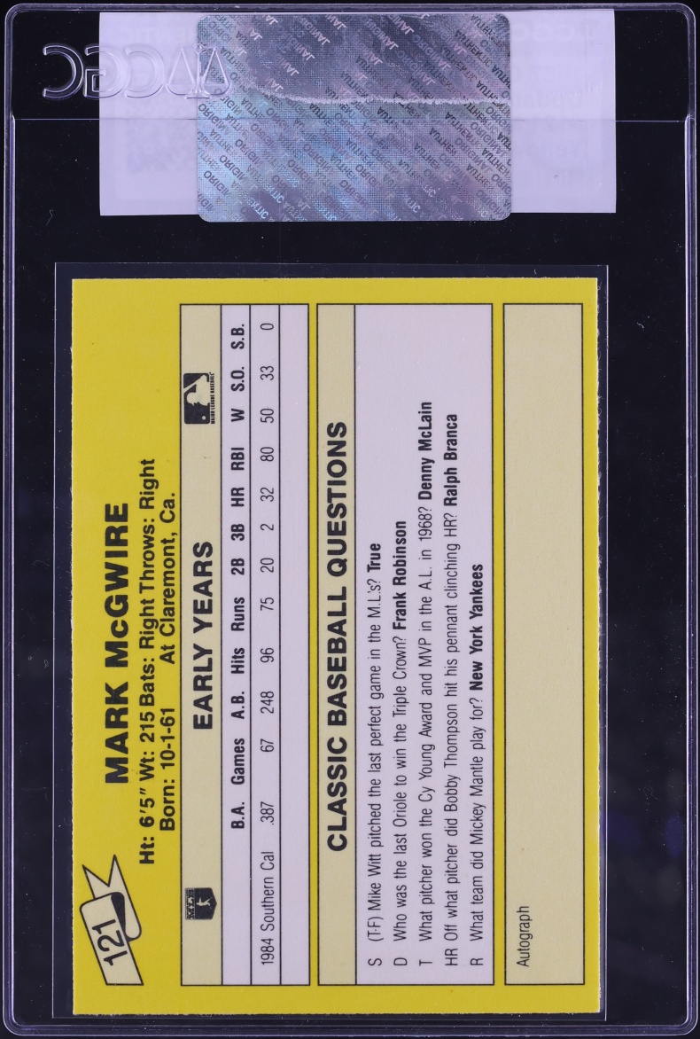 1987 Classic Travel Update Mark McGwire ROOKIE, YELLOW BACK #121 CGC AUTH