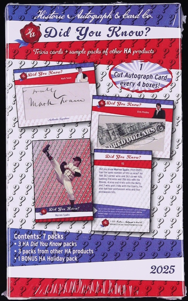 2025 Historic Autographs Did You Know? Sealed Hobby Box, 7ct Packs