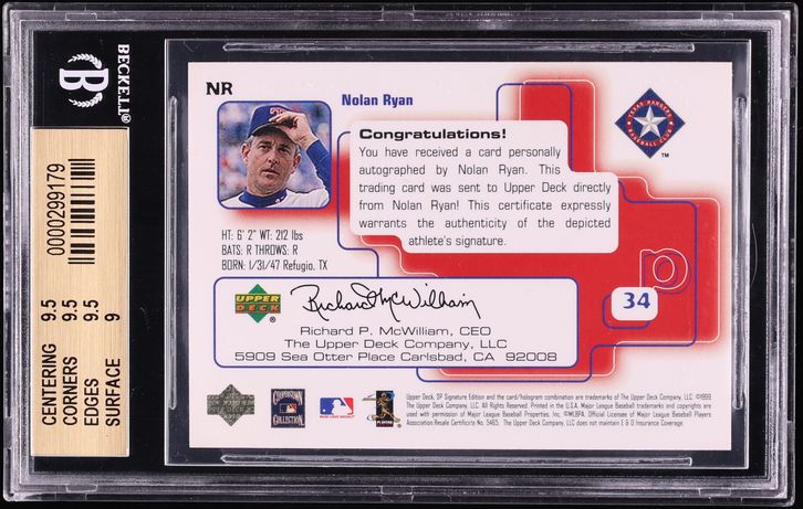 1999 SP Signature Nolan Ryan AUTO #NR BGS 9.5 GEM MINT