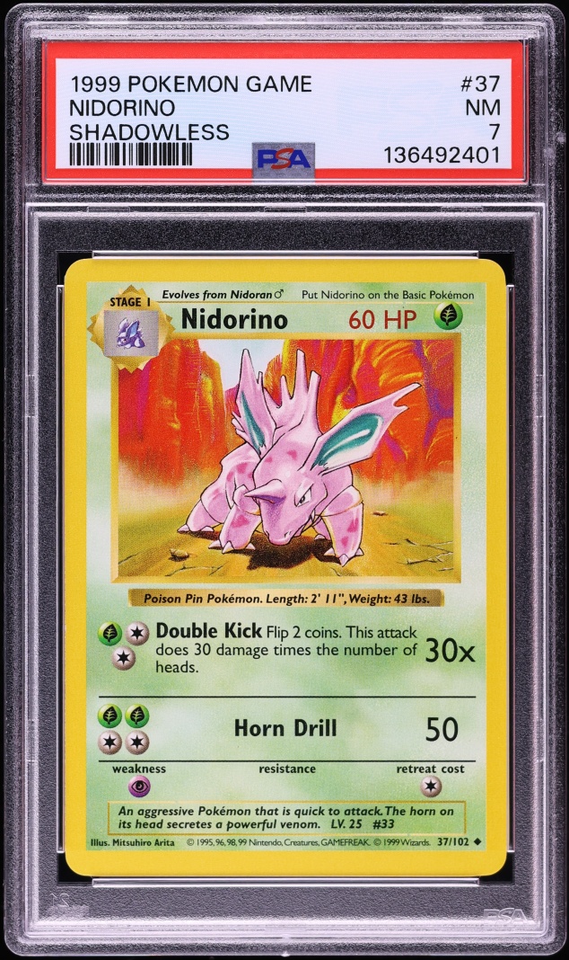 1999 Pokemon Base Set Shadowless Nidorino #37 PSA 7 NRMT