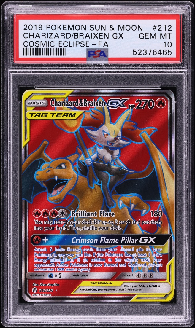 2019 Pokemon Sun & Moon Cosmic Eclipse Full Art Charizard & Braixen GX #212 PSA 10 GEM MINT